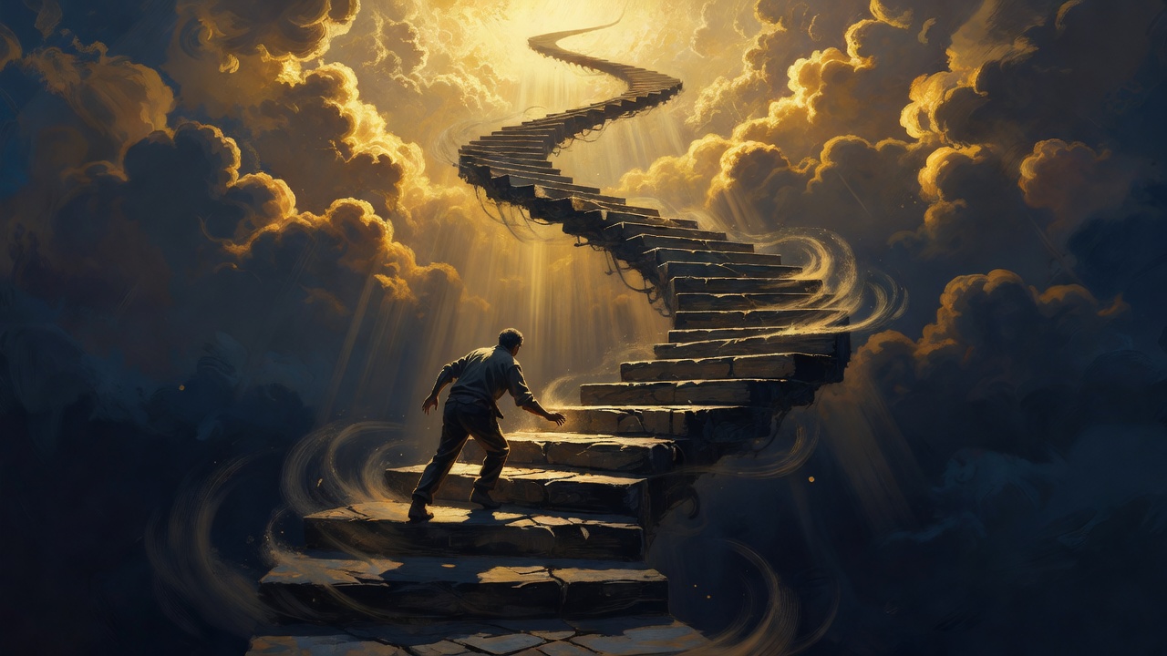 Une silhouette solitaire gravissant un escalier en spirale qui se construit vers des nuages dorés