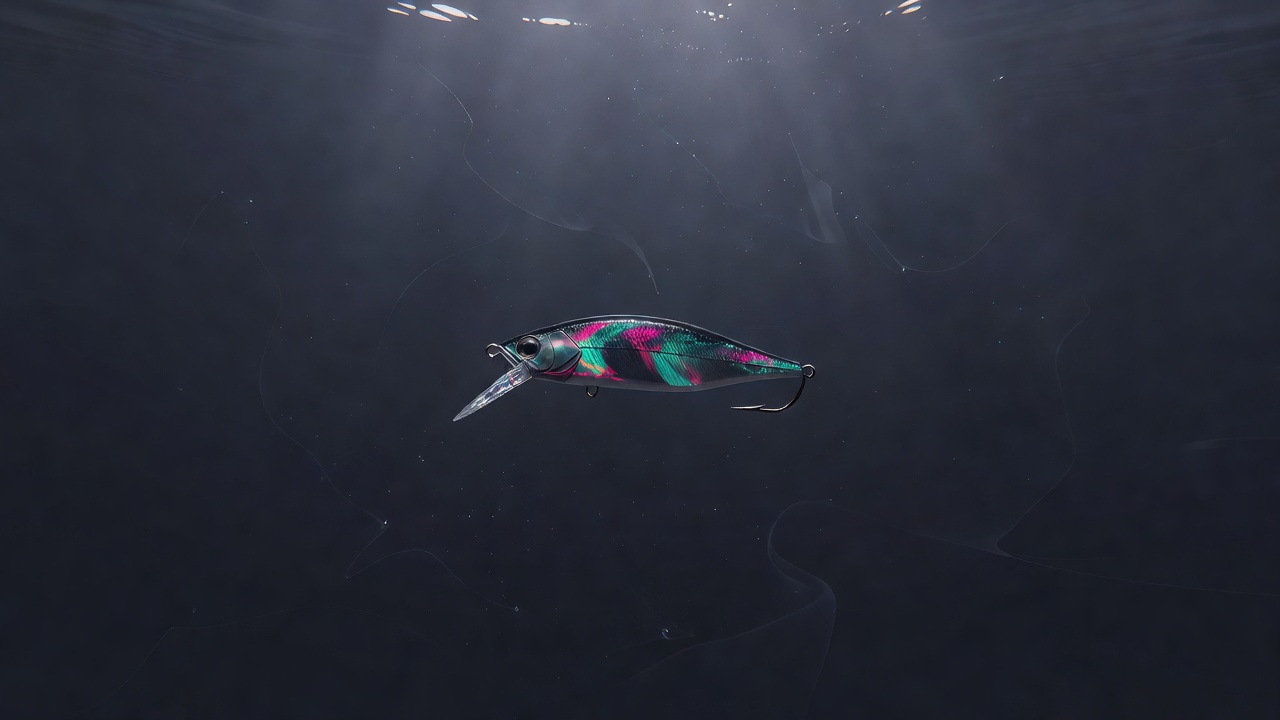 Un leurre de pêche unique scintillant sur un hameçon sous l'eau dans une lumière douce