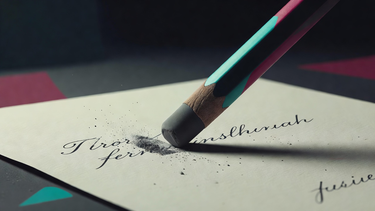Un crayon avec une grande gomme en plein effacement sur une page d'écriture manuscrite