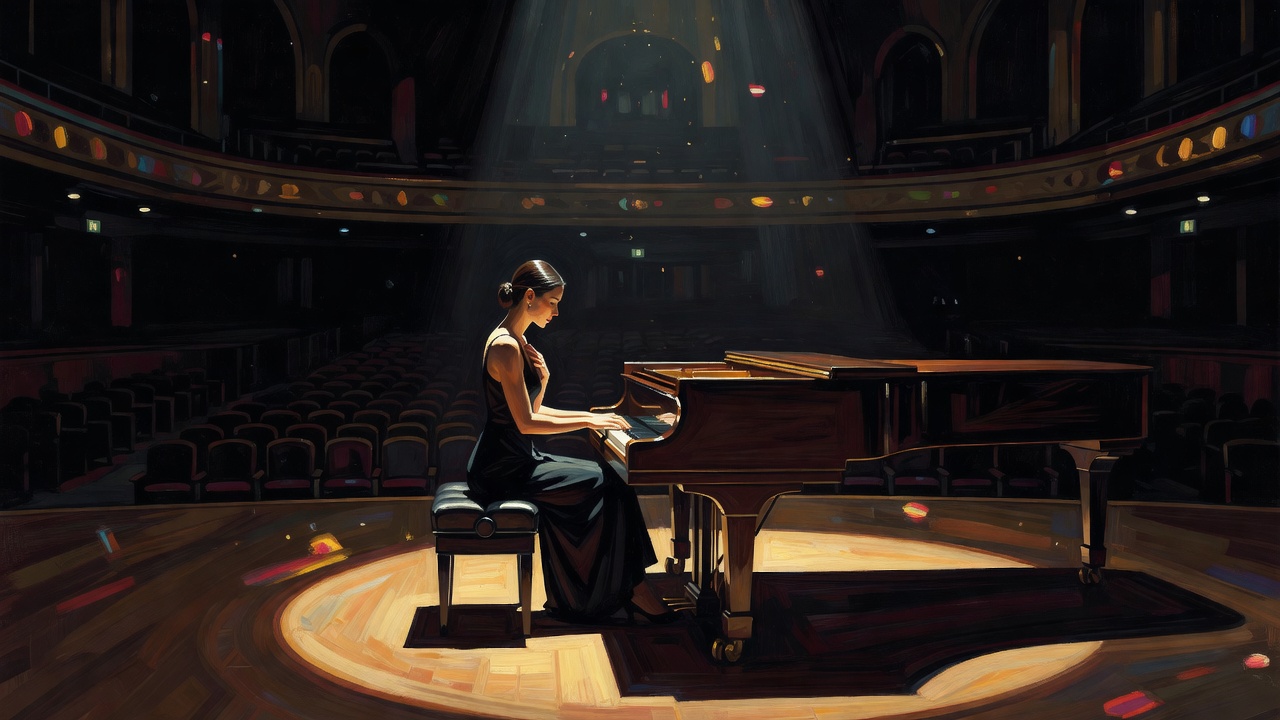 Une femme seule devant un piano dans une pièce faiblement éclairée, regardant non pas le public mais vers une fenêtre