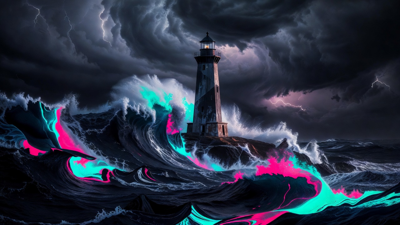 Un phare stable face à une mer sombre et agitée