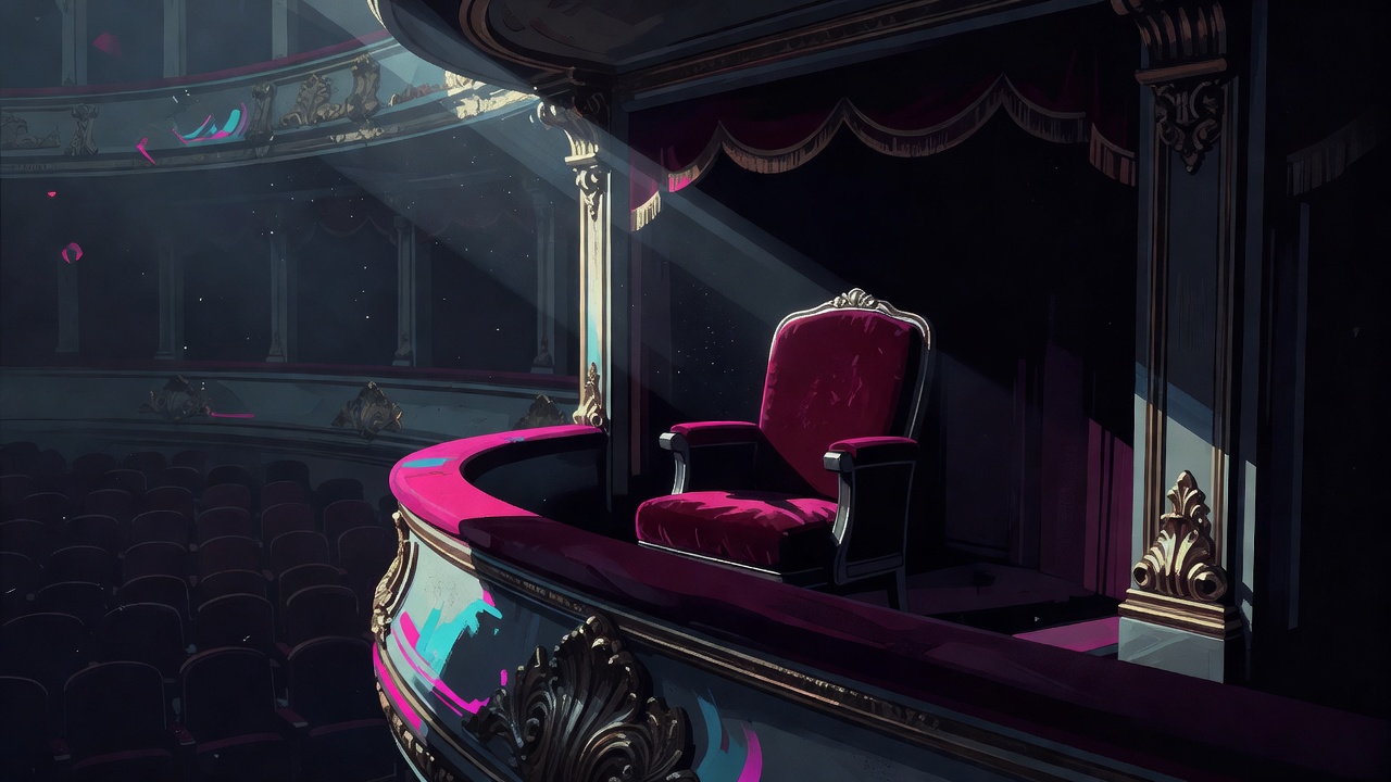 Un unique fauteuil de velours vide dans une loge de théâtre ornée surplombant des rangées sombres en contrebas