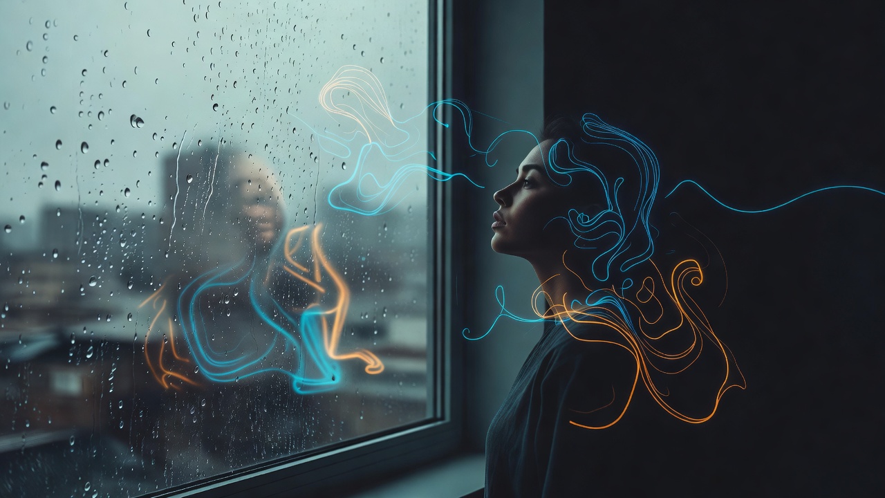Une personne regardant par une fenêtre striée de pluie, avec de vagues formes esquissées se dessinant dans le reflet