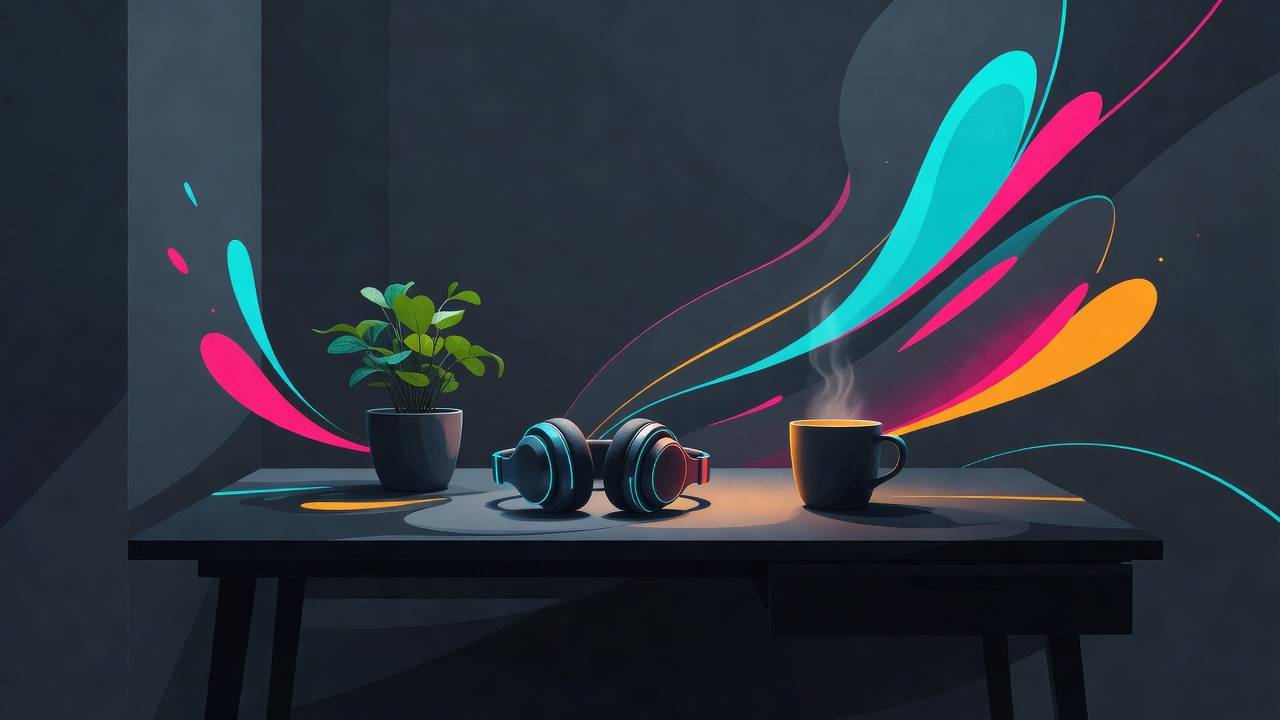 Un bureau lumineux avec une plante, un casque et une boisson chaude, un travail qui semble accueillant
