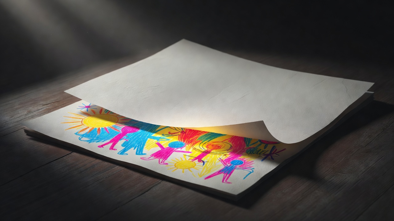 Le dessin d'un enfant à moitié caché sous une feuille de papier vierge
