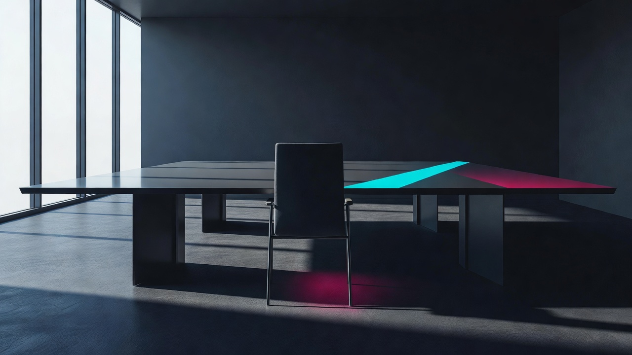 Une seule chaise assurée et vide tirée en bout d'une table de conférence vide, en pleine lumière du jour