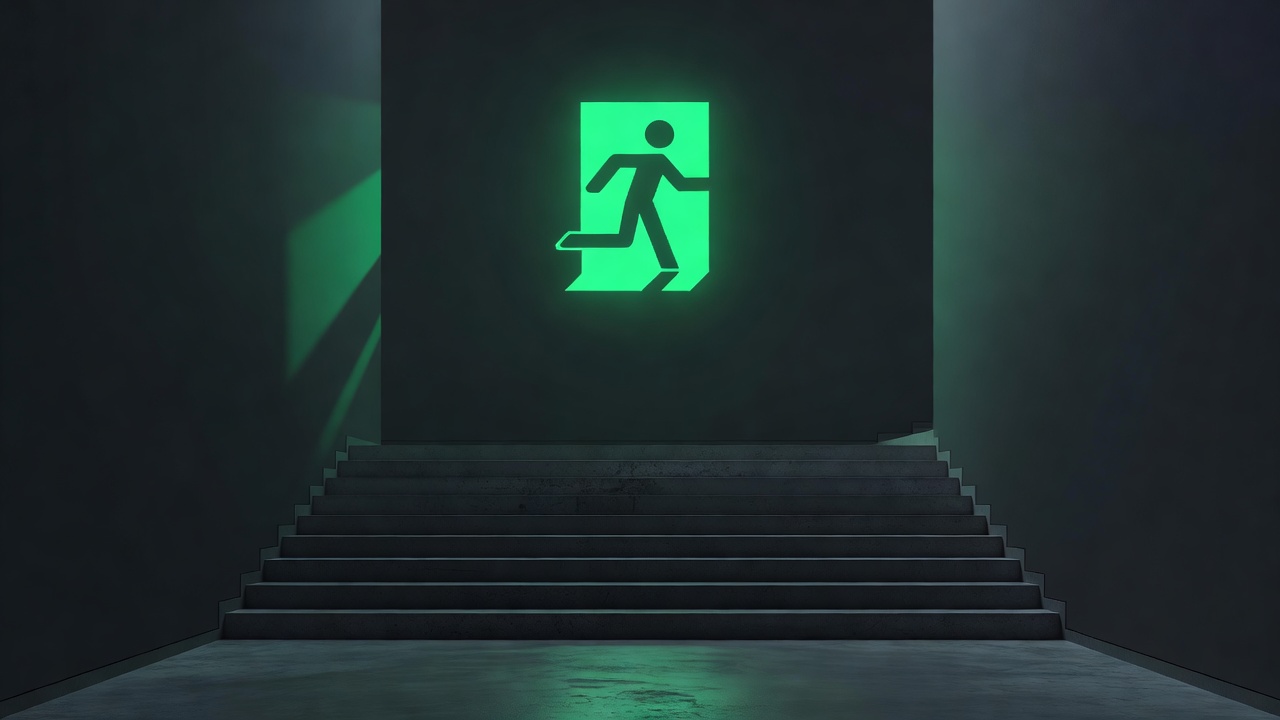 Un panneau de sortie lumineux au-dessus d'une cage d'escalier que quelqu'un a manifestement empruntée auparavant
