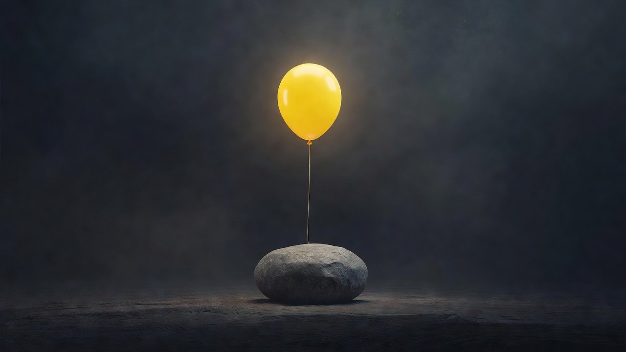Un ballon jaune vif attaché à une lourde pierre grise