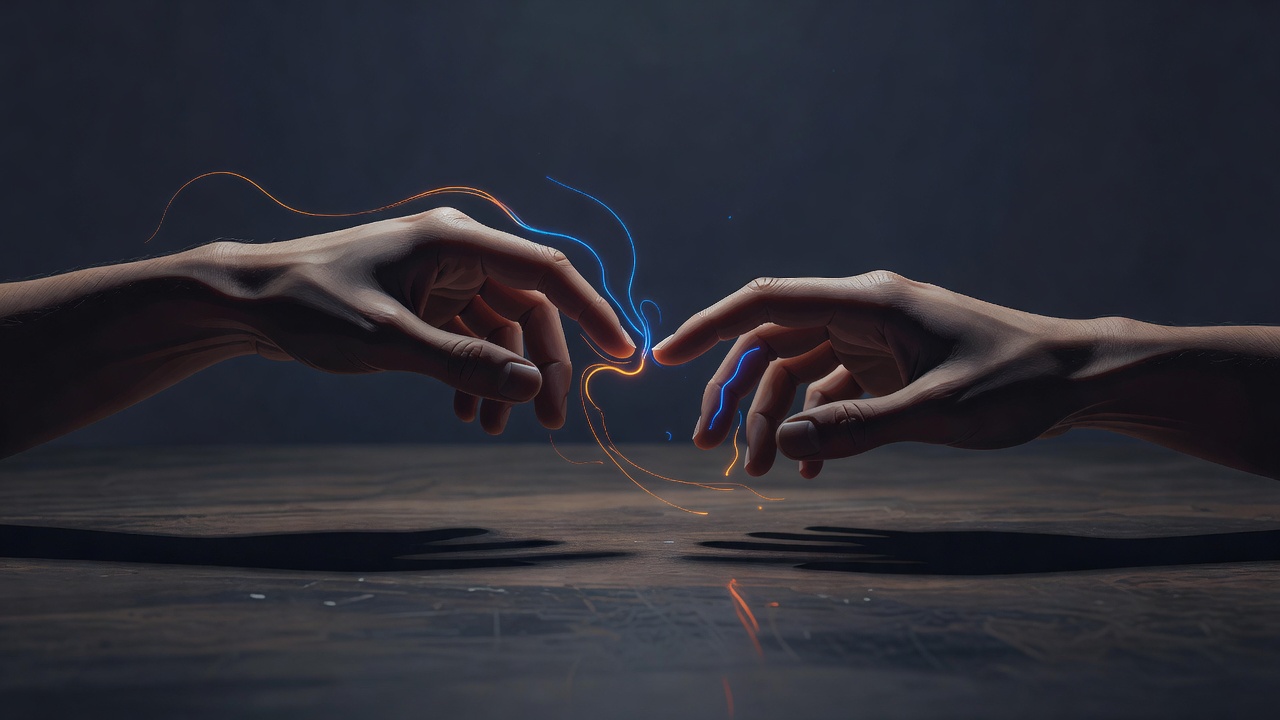 Deux mains qui se frôlent presque au-dessus d'un petit écart sur une table en bois dans une lumière douce