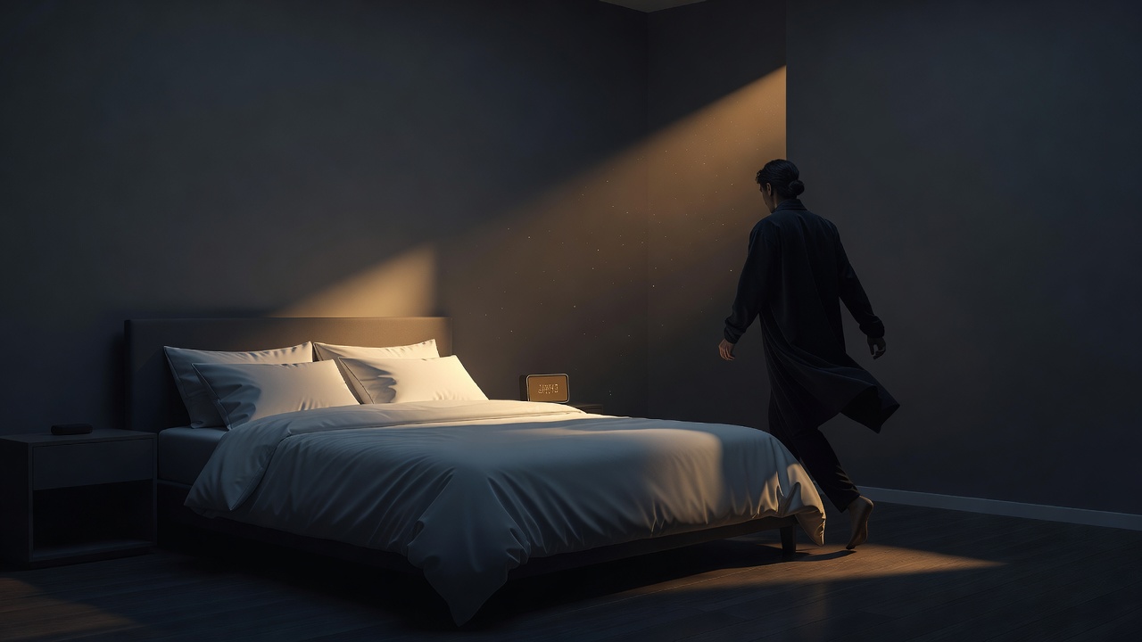 Un réveil à l'aube et un lit fait, quelqu'un déjà levé et en mouvement dans une lumière douce