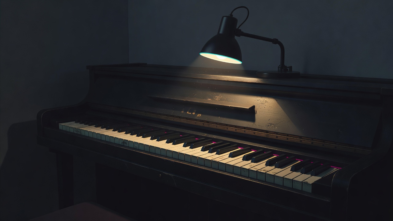 Un clavier de piano usé, seul, éclairé par une lampe ciblée dans une pièce sombre tard dans la nuit