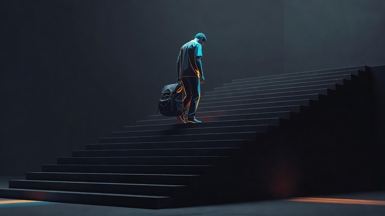 Une personne posant un sac à dos lourd en haut d'un escalier, les épaules qui se relâchent