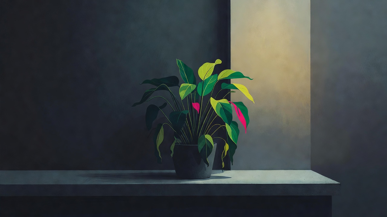 Une plante d'intérieur, à moitié dans l'ombre et à moitié captant la lumière qui revient sur un rebord de fenêtre