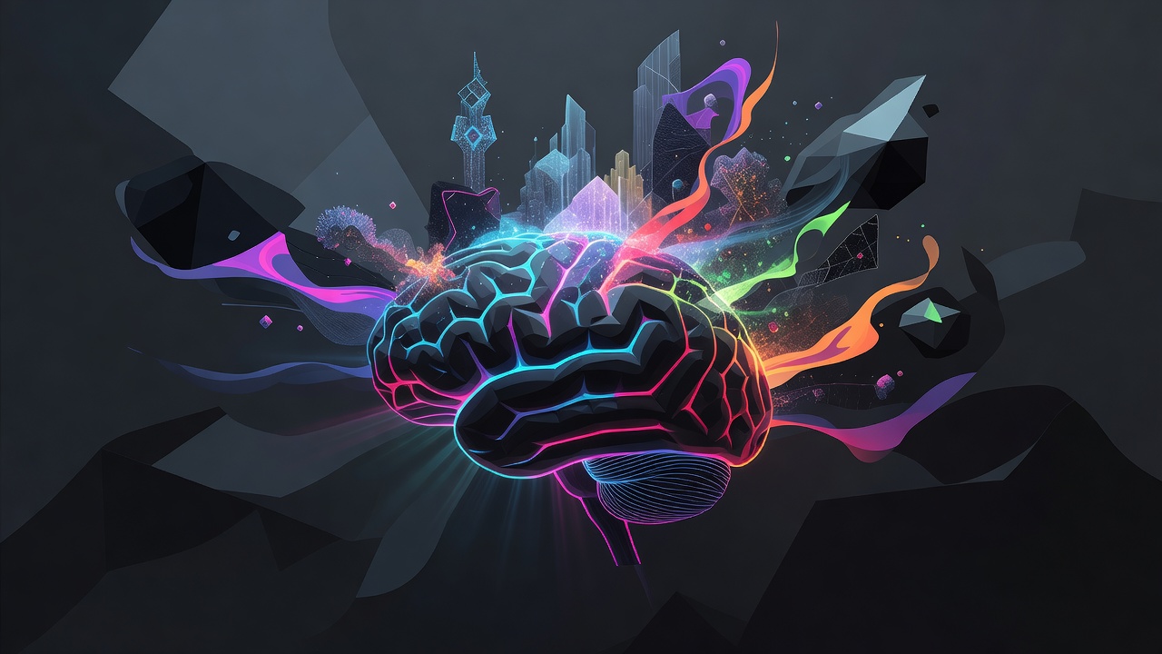 Un cerveau projetant une scène lumineuse vers l'extérieur comme une lanterne