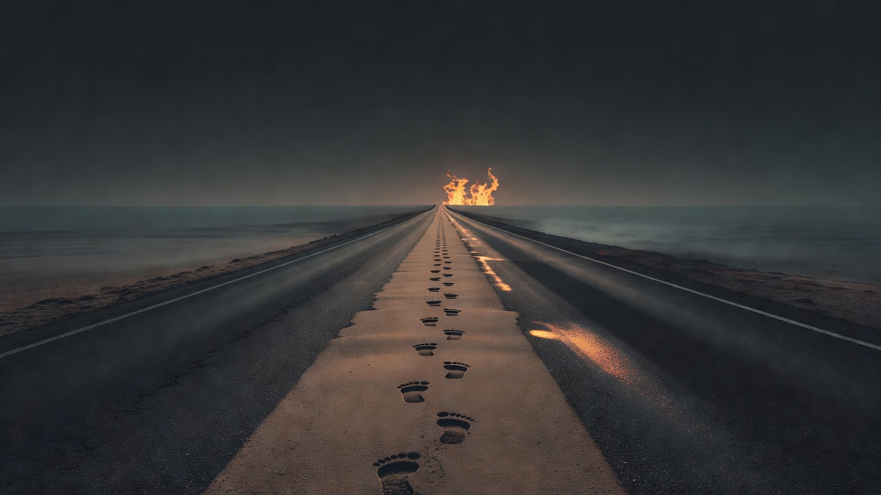 Une seule longue route droite qui s'étire vers un horizon lointain à l'aube, avec des empreintes de pas fraîches qui continuent