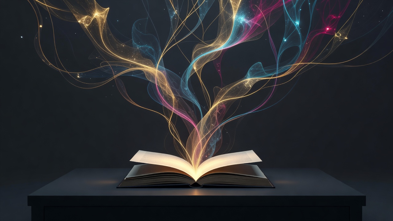 Un livre de contes ouvert, de faibles filaments de lumière s'élevant de la page vers des idées qui se ramifient