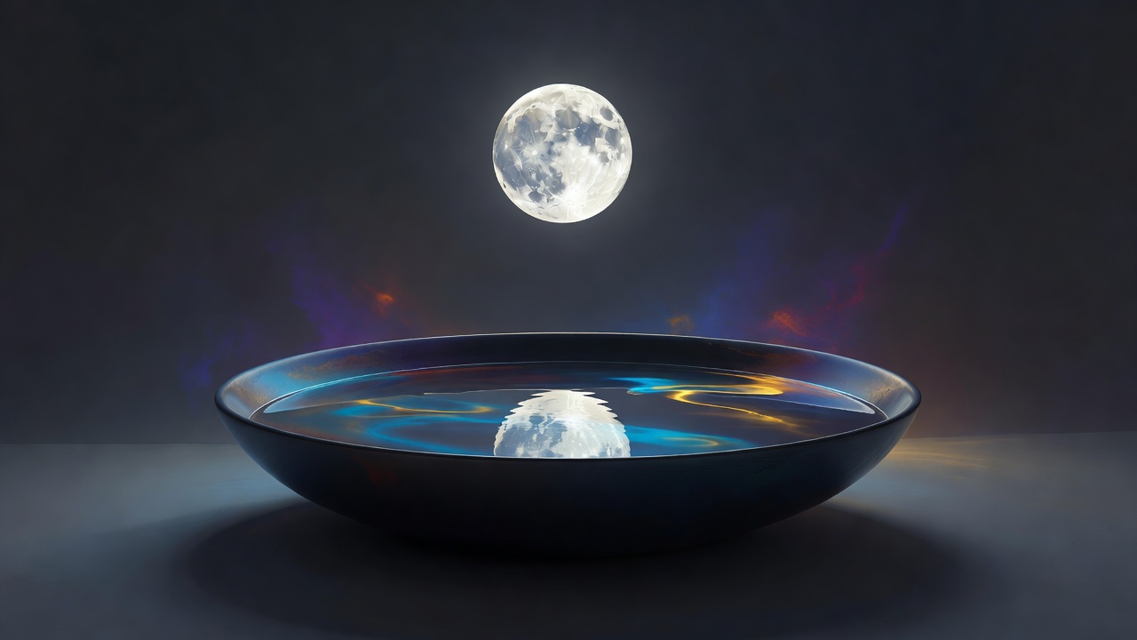 Une pleine lune reflétée dans un bol d'eau immobile