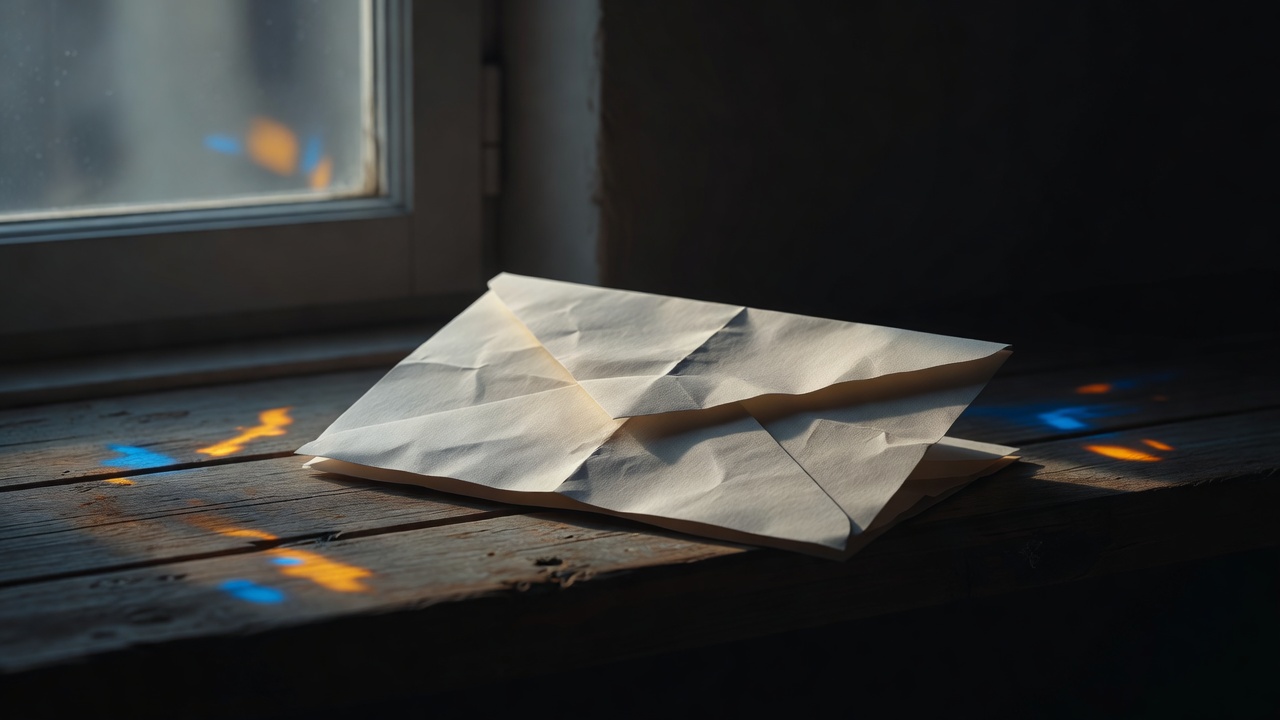 Une lettre manuscrite pliée sur un rebord de fenêtre, la lumière du matin traversant la page