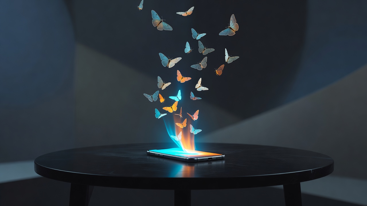 Un unique smartphone lumineux posé face vers le haut sur une table sombre, projetant sa lumière vers le plafond