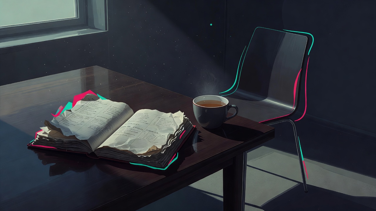 Un agenda surchargé ouvert sur une table à côté d'une tasse de thé qui refroidit, une chaise repoussée