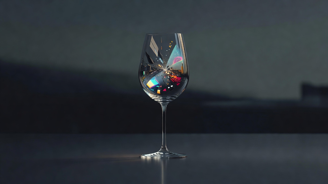 Un unique verre de vin dont le reflet à l'intérieur ne correspond pas au verre