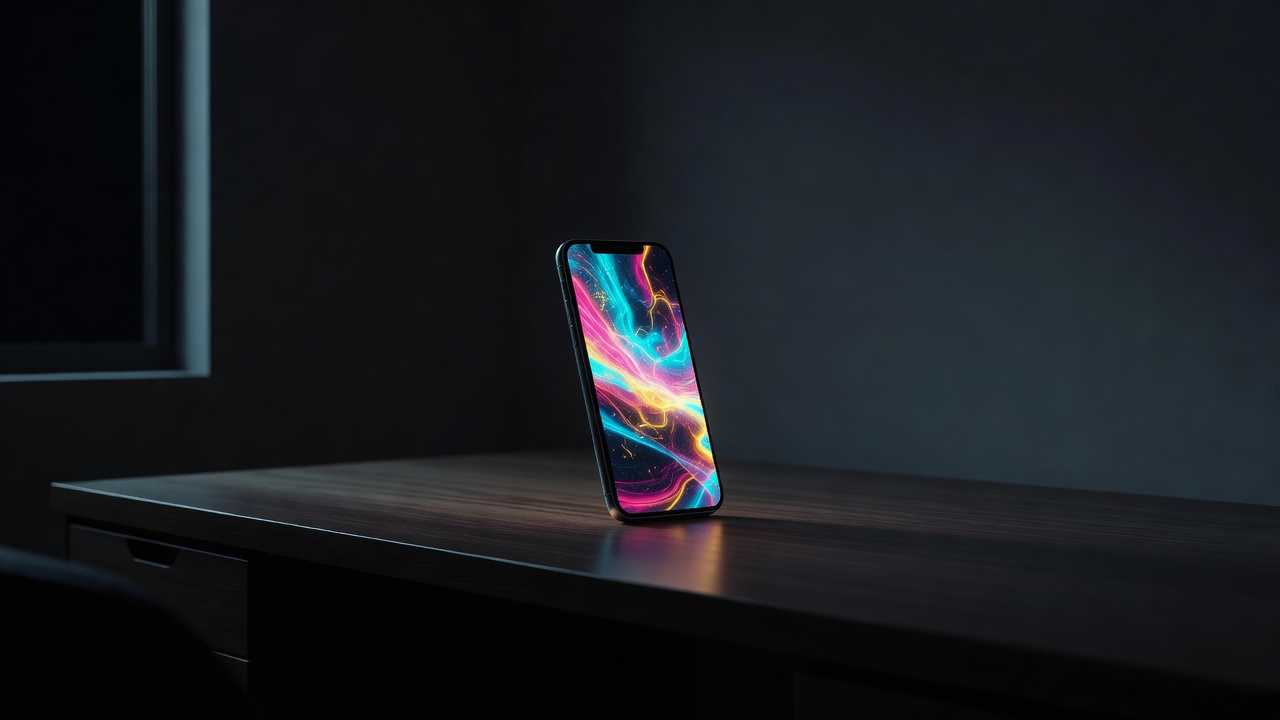 Un téléphone qui brille sur un bureau dans une pièce sombre, la nuit