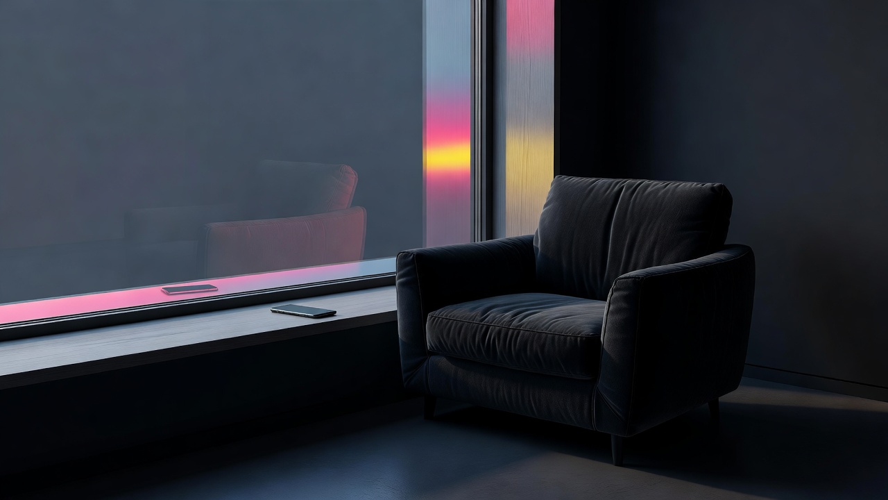 Une chaise vide près d'une fenêtre à l'aube, un téléphone posé face contre le rebord