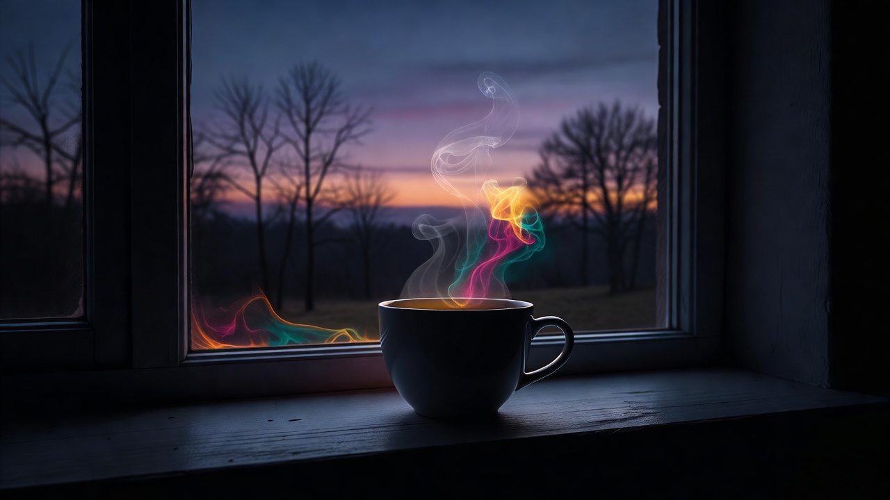 Une seule tasse de thé sur un rebord de fenêtre avec une vue paisible d'arbres nus au crépuscule