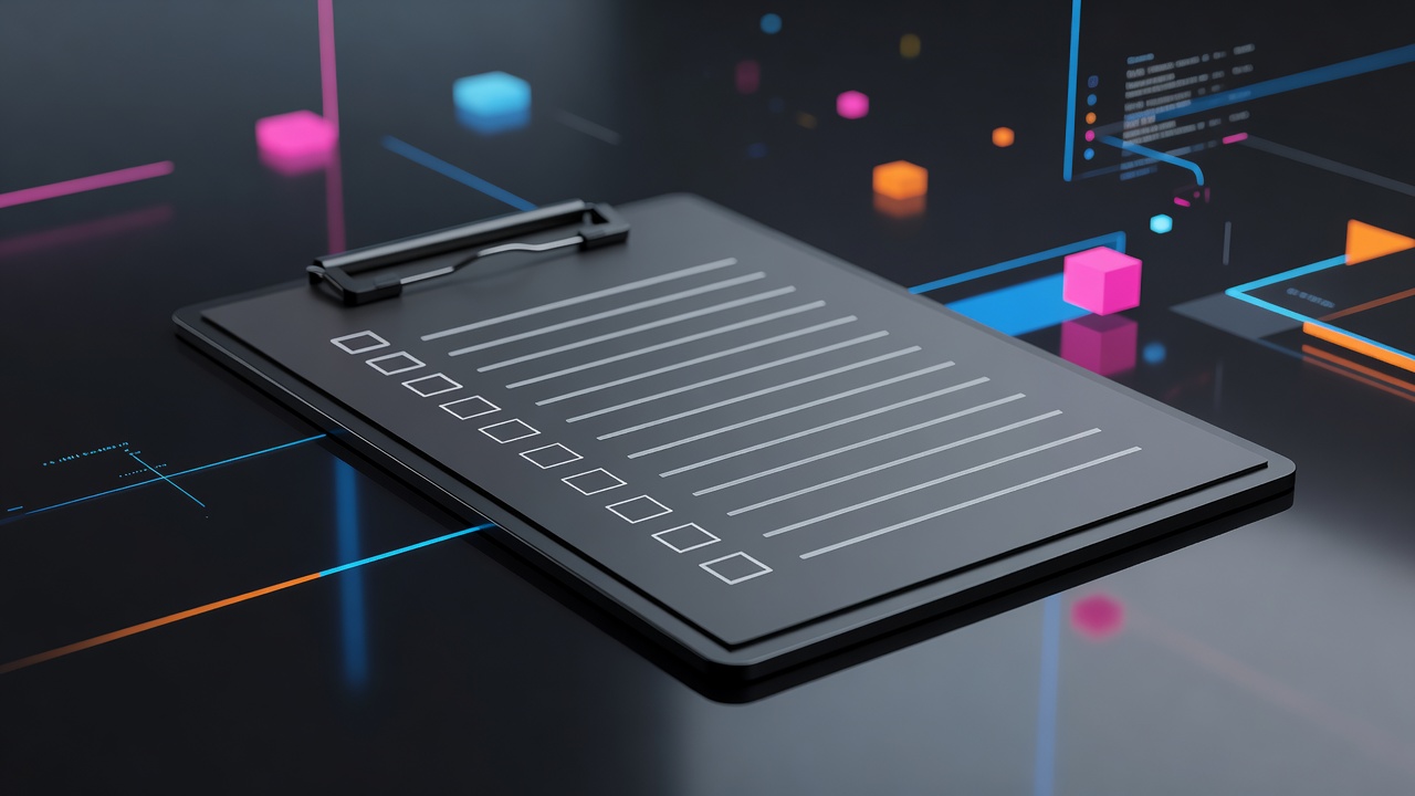 Un porte-bloc avec une checklist bien ordonnée posé sur une surface propre