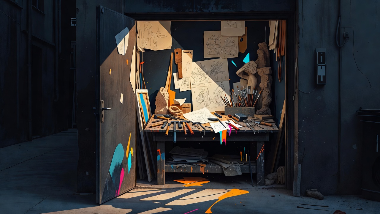 Une porte d'atelier ouverte laissant voir un établi, des outils et des croquis laissés à la vue de tous