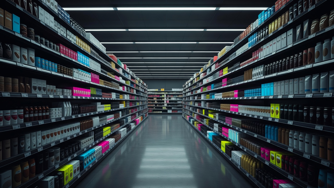 Une longue allée de supermarché s'étirant au loin, bordée de produits identiques