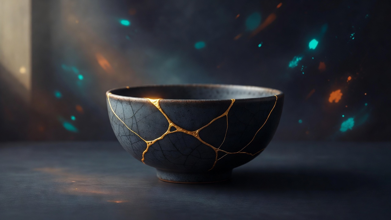 Un bol en céramique réparé, dont la couture dorée visible accroche une lumière douce