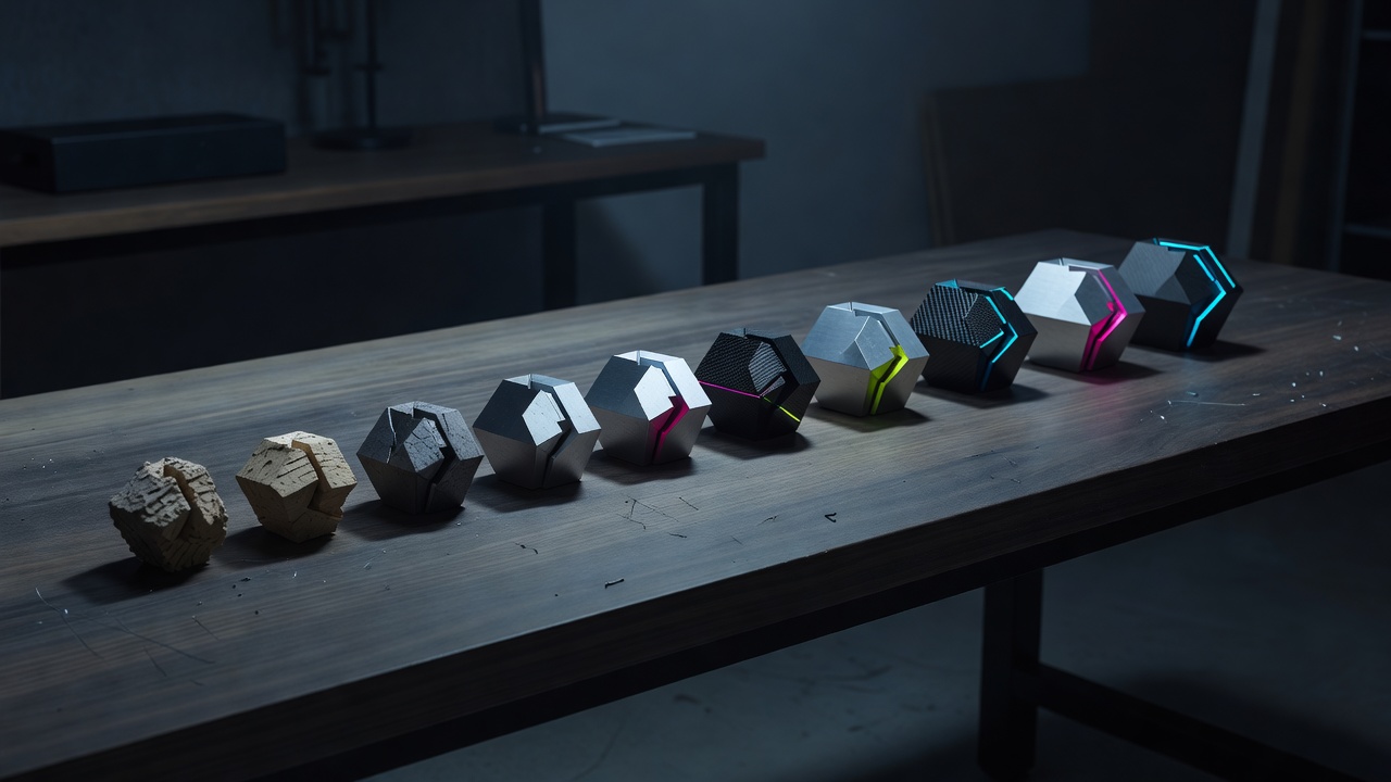Un établi avec plusieurs petits prototypes bruts du même objet alignés en cours de réalisation