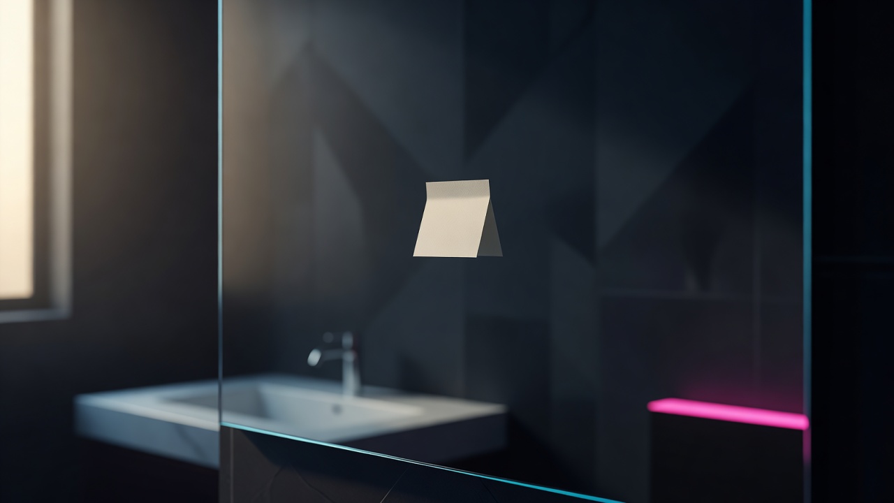 Un seul post-it sur le miroir d'une salle de bain captant la lumière du matin