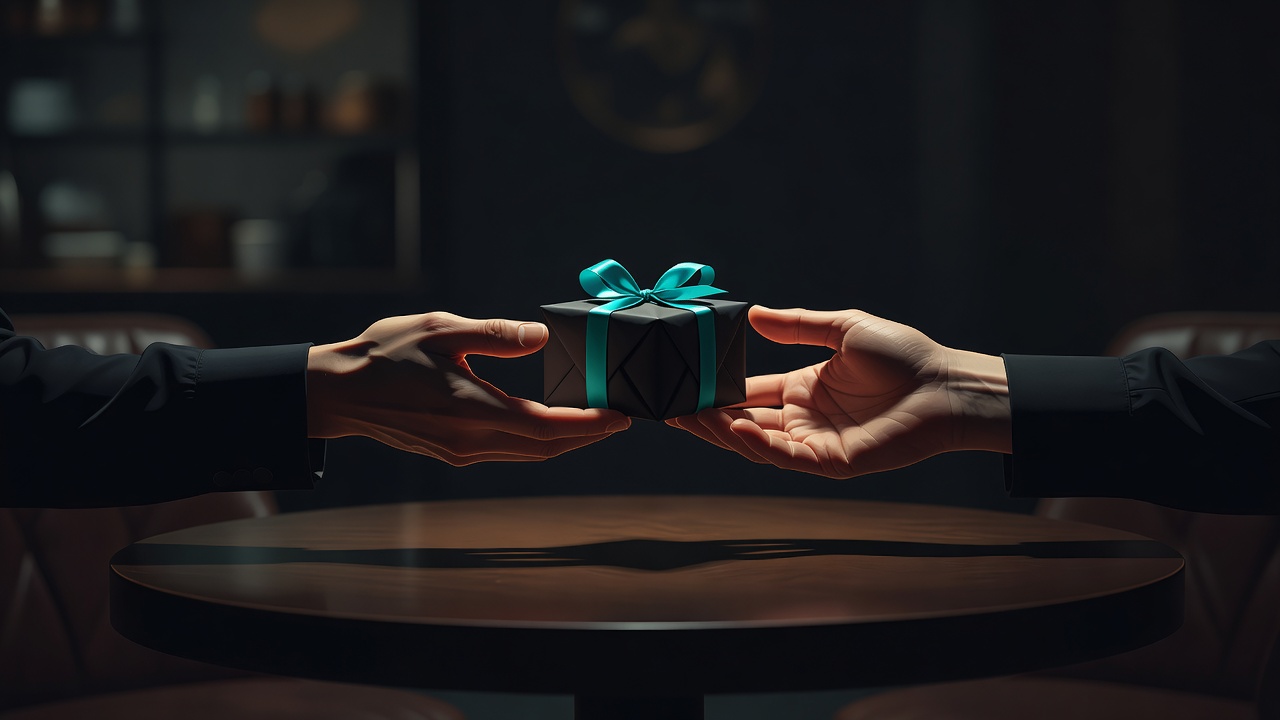 Deux mains ouvertes se passant un petit cadeau emballé à travers une table de café