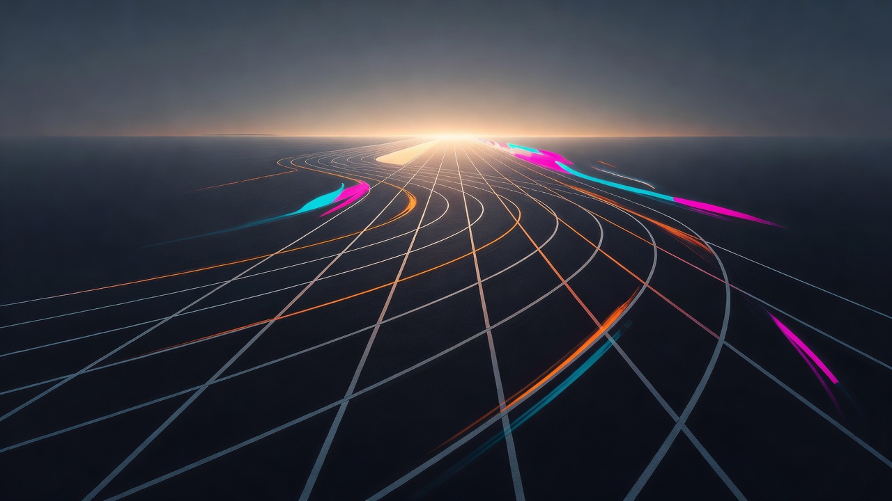 Six couloirs d'une piste d'athlétisme s'incurvant vers une ligne d'arrivée lumineuse à l'aube