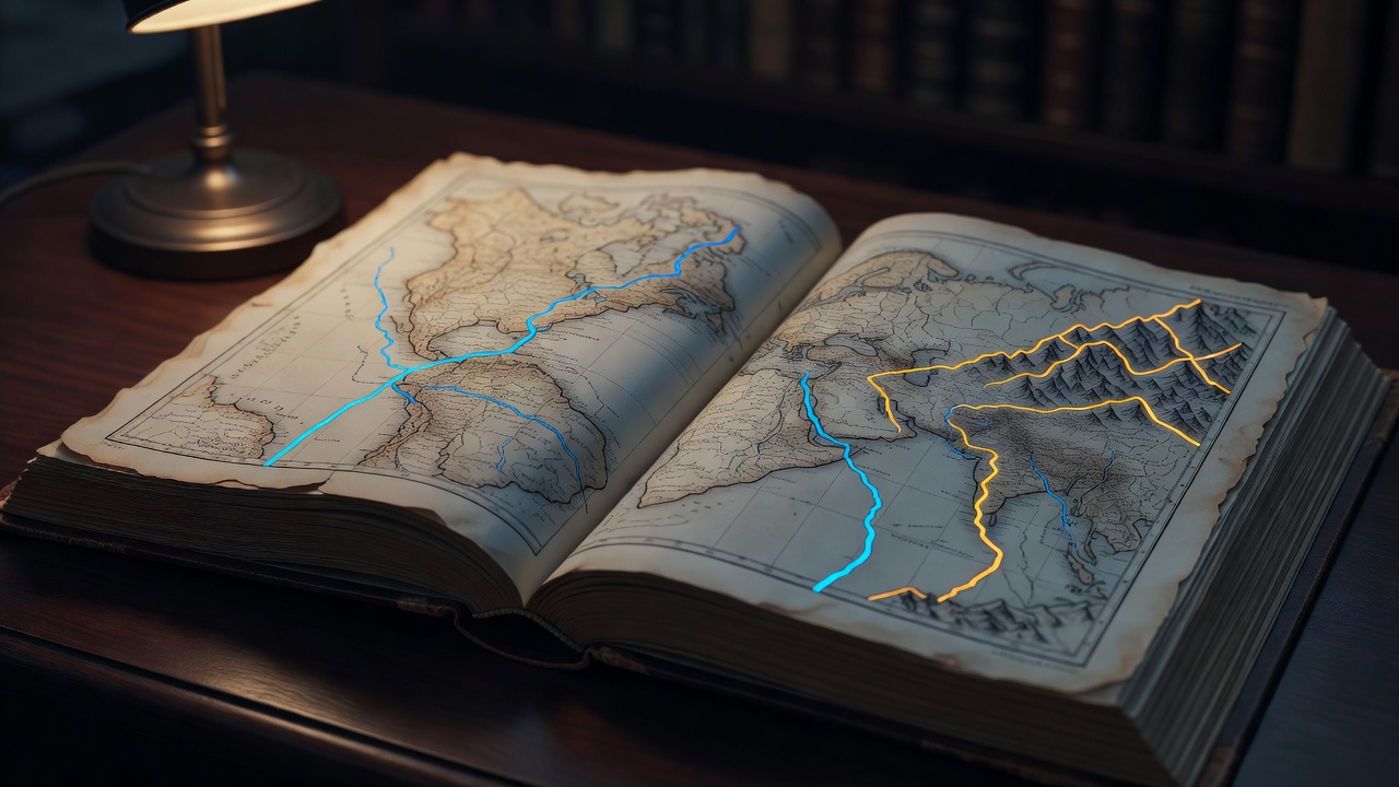 Un atlas ancien ouvert avec de délicates cartes dessinées à la main dans la lumière chaude d'une bibliothèque