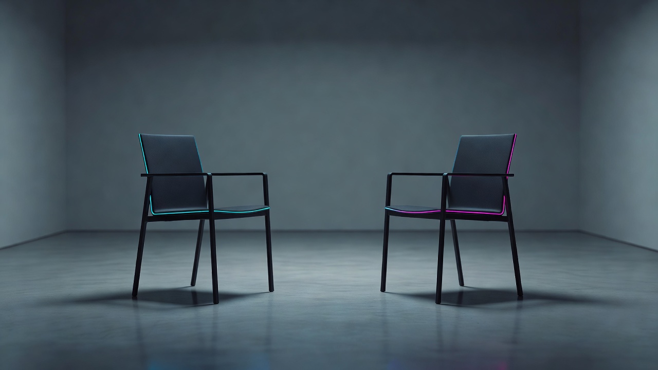Deux chaises face à face dans une pièce sobre, installées pour une conversation directe
