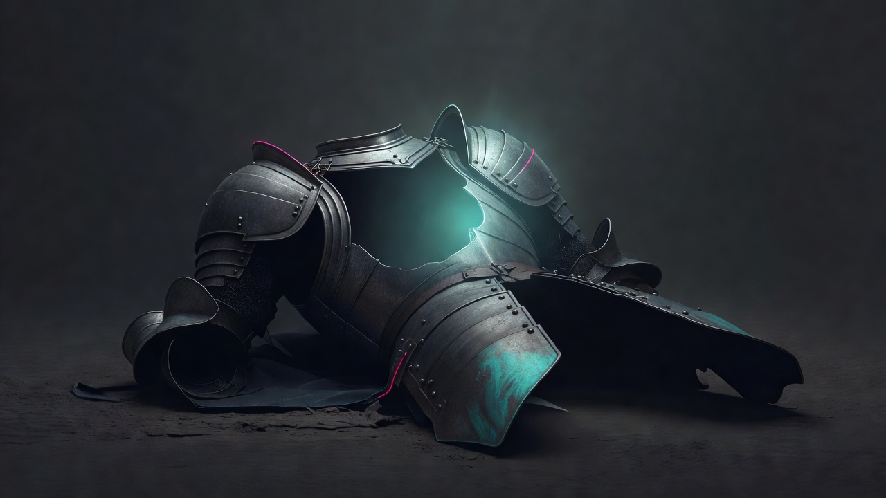 Une seule armure posée ouverte et vide sur le sol, avec une lumière douce là où était la poitrine