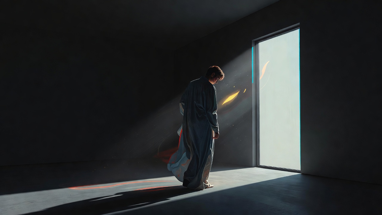 Une silhouette à demi détournée dans une ombre douce, commençant à se tourner vers la lumière d'une fenêtre ouverte