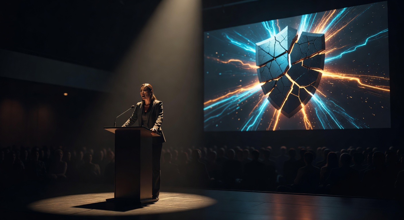 Une silhouette solitaire debout à un pupitre sous un seul projecteur dans un vaste auditorium sombre