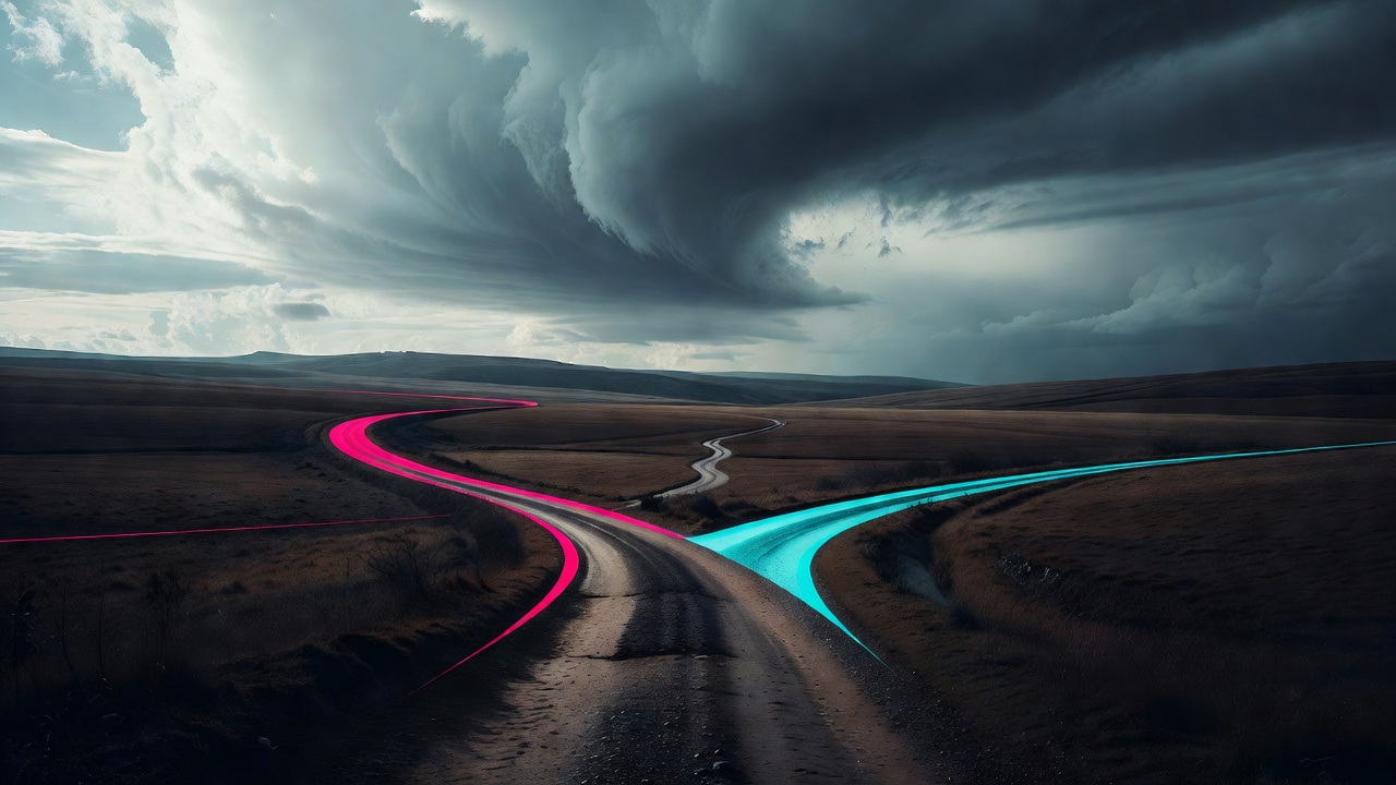 Un chemin de terre sinueux qui bifurque à travers une campagne ouverte sous un vaste ciel aux nuages changeants