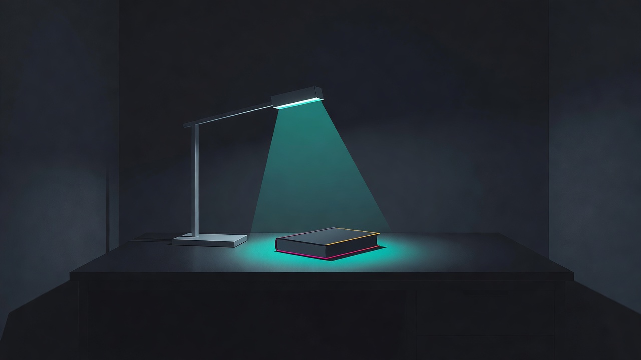 Une seule lampe éclaire un livre sur un bureau par ailleurs vide dans une pièce sombre et silencieuse