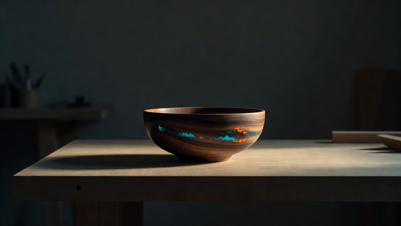 Un seul bol en bois bien façonné posé sur un établi propre, baigné d'une lumière chaude