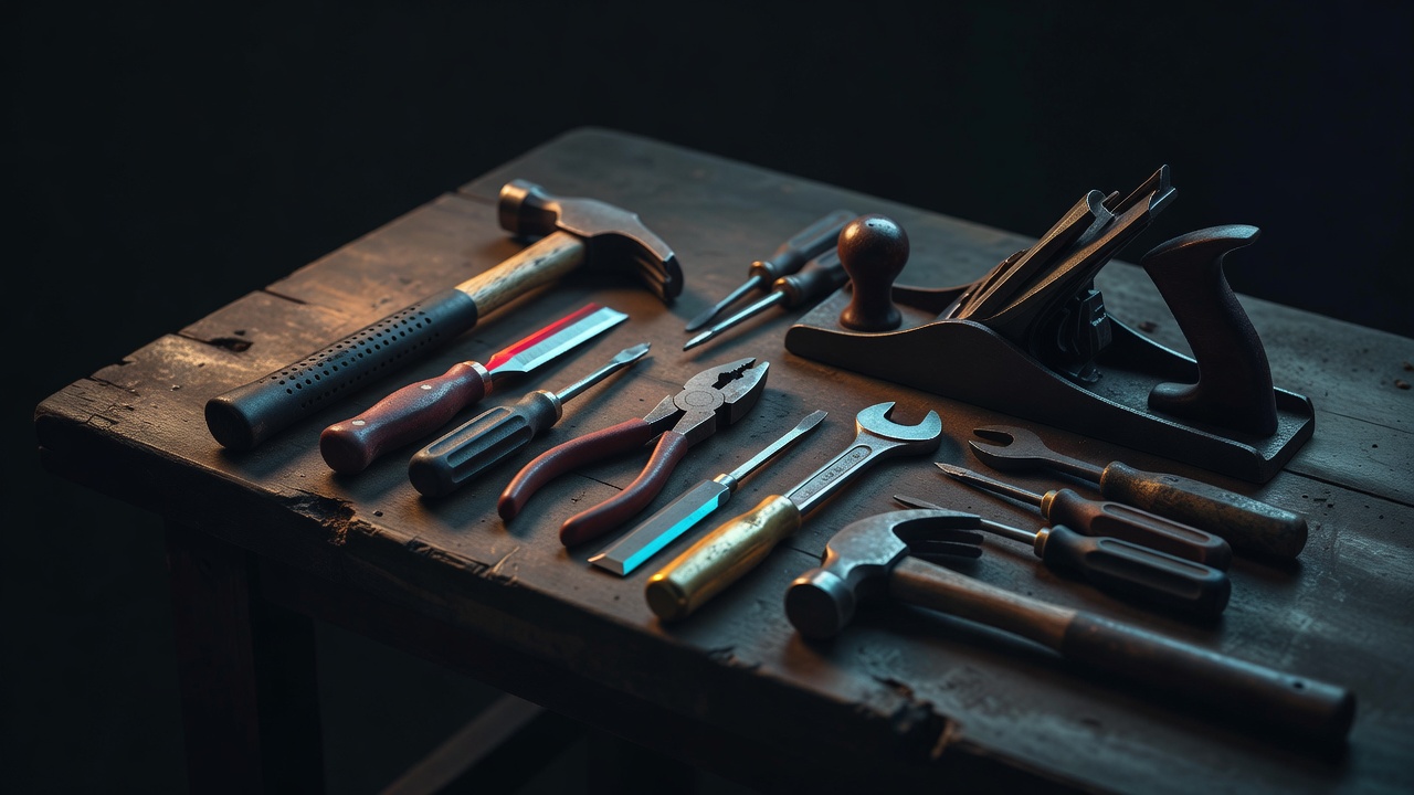 Les outils à main usés d'un artisan rangés soigneusement sur un établi, baignés d'une lumière chaude