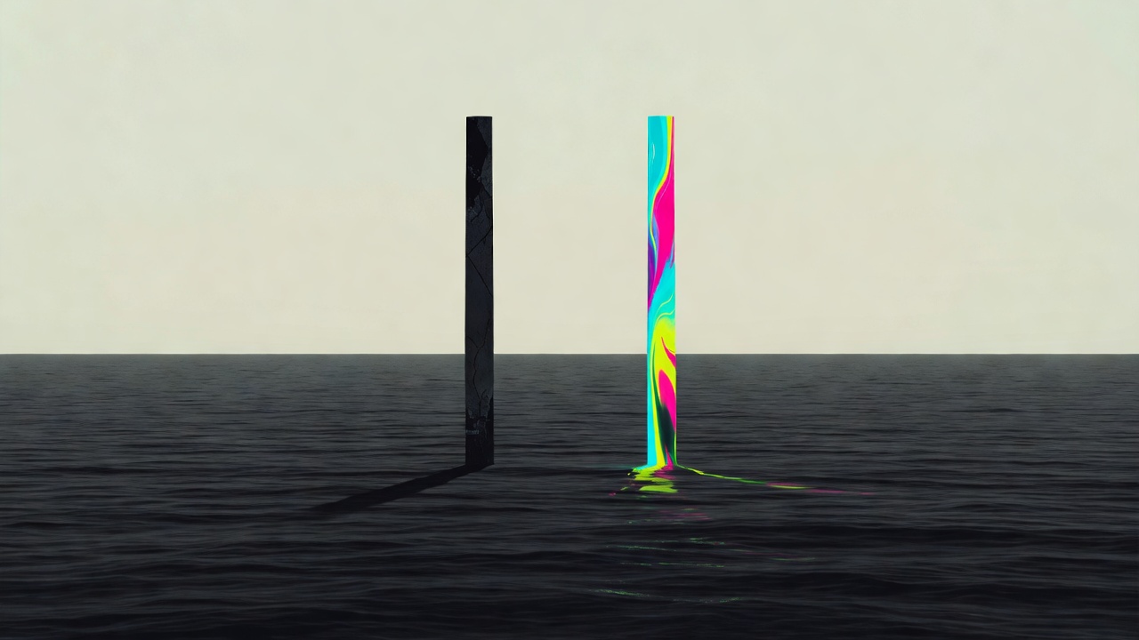 Une ligne d'horizon entre une eau sombre et un ciel pâle