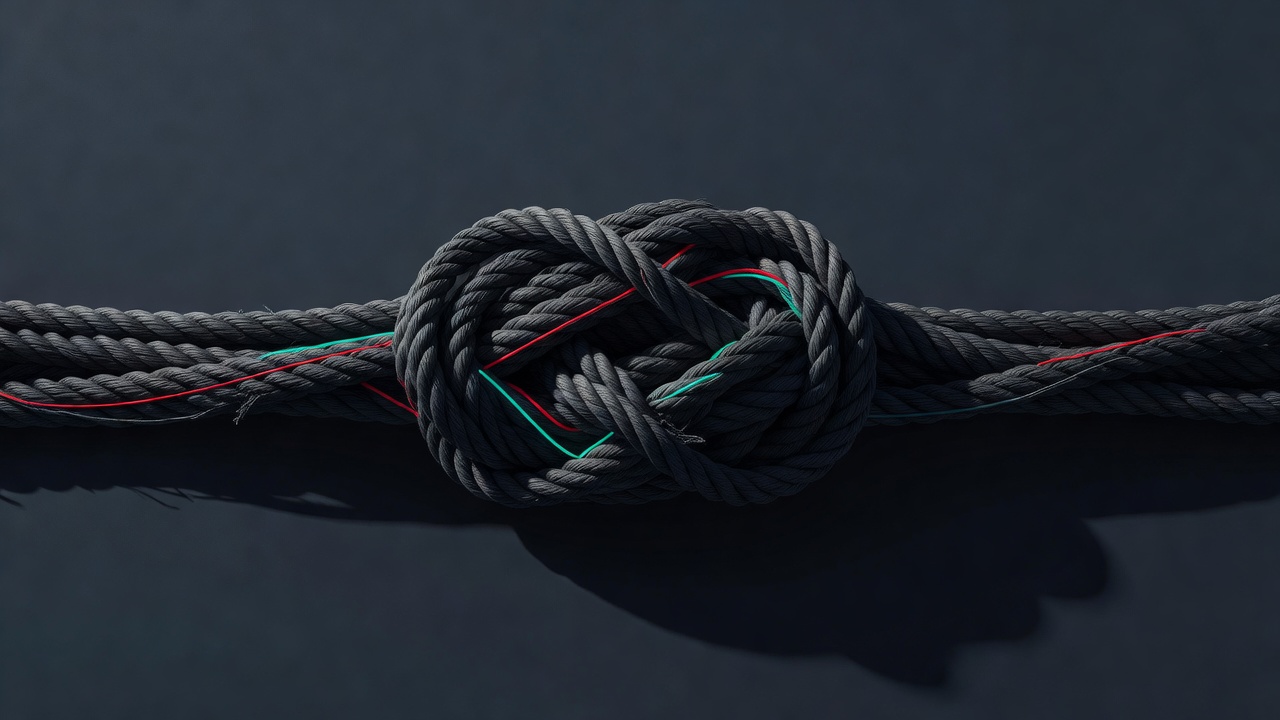 Un unique nœud de corde emmêlé avec un fil d'une couleur différente qui le traverse