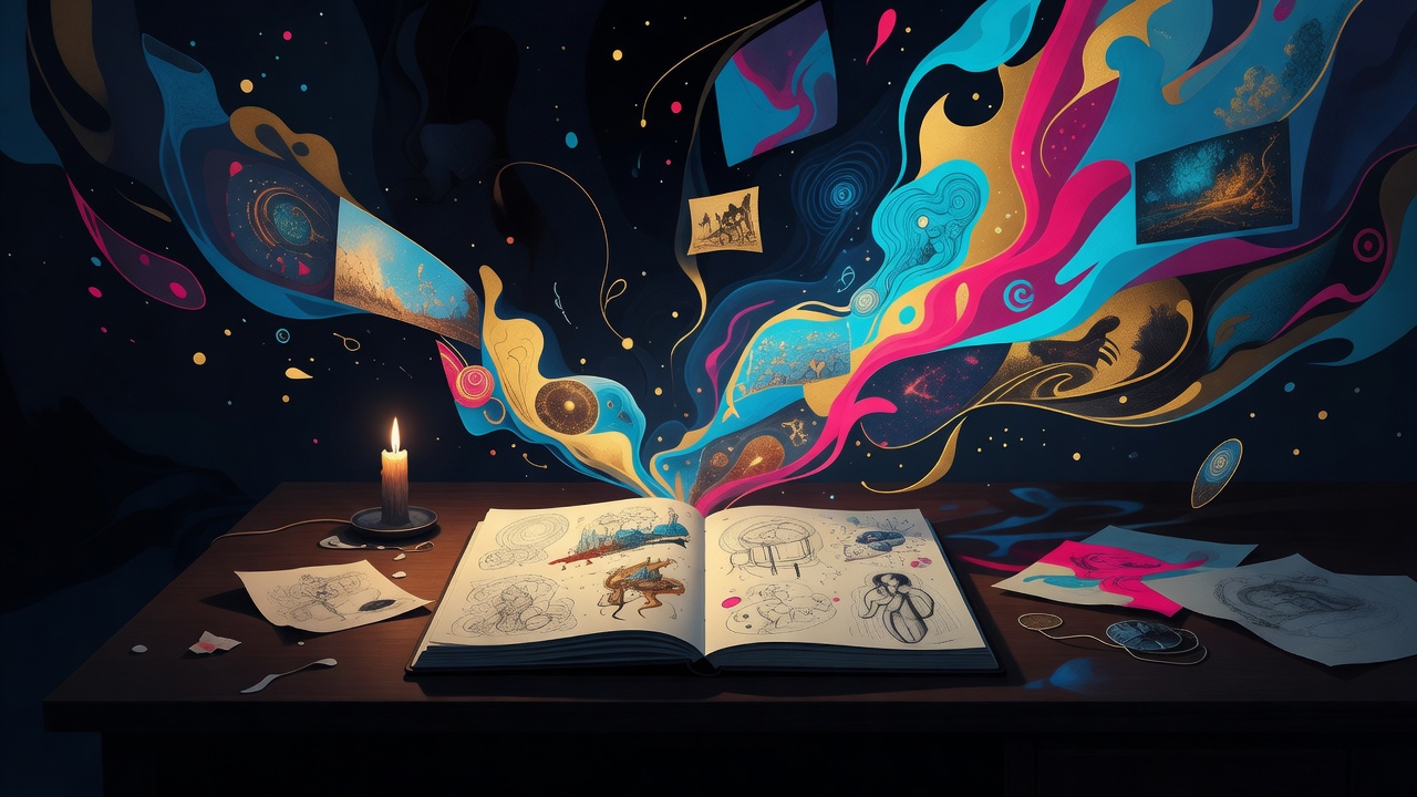 Un bureau éclairé à la bougie avec un carnet de croquis ouvert, la nuit