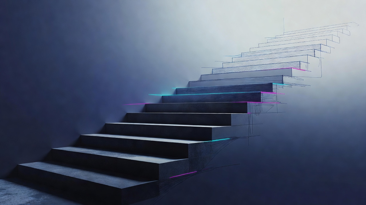 Un escalier dessiné en plein air dont les marches du haut sont encore en train d'être esquissées, palette fraîche et pleine d'espoir