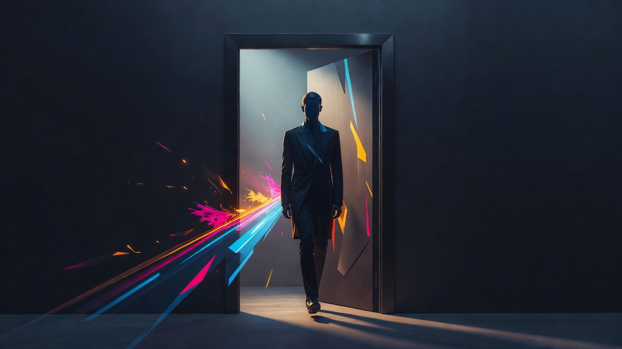 Une personne qui avance vers la douce lumière du matin depuis l'embrasure d'une porte